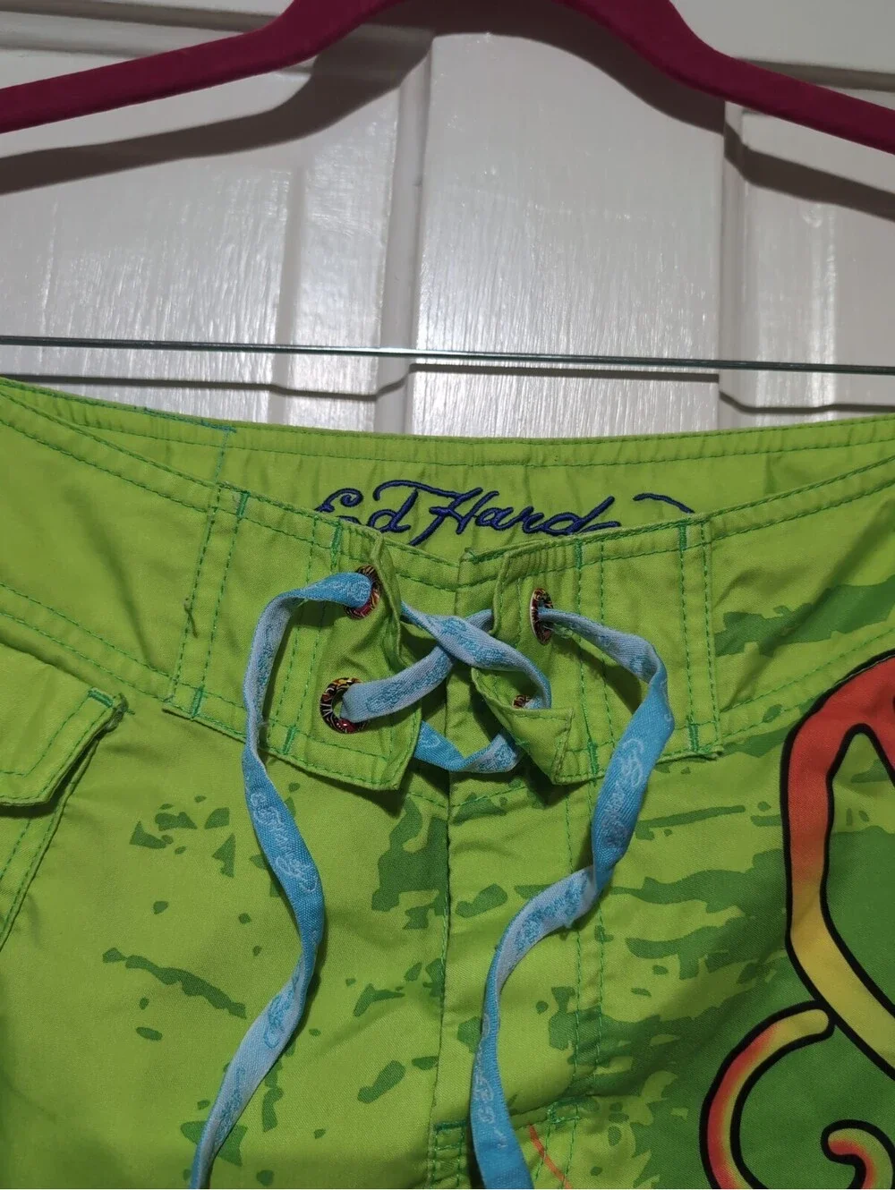 Vtg Ed Hardy By Christian Audigier Surf Or Die Board Shorts Lime Men 33(1600)F